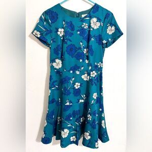 J. Crew floral print short sleeve blue and white flared dress, size 0